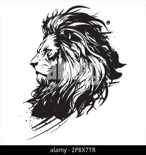 Lion. Portrait noir et blanc d'une tête de lions sur un fond blanc, graphique et esquissé Illustration de Vecteur