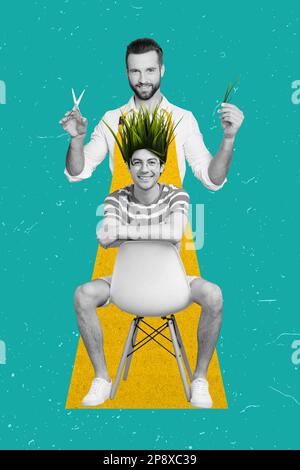Vertical créatif 3D œuvres photo collage de l'homme assis dans l'herbe naturelle de barbershop au lieu de cheveux isolés sur le fond de dessin Banque D'Images