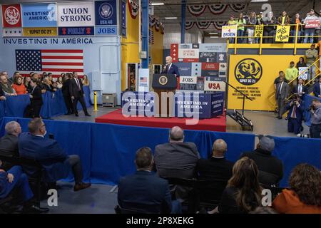 Philadelphie, États-Unis. 09th mars 2023. Le président Joe Biden annonce sa proposition de budget au Finishing Trades Institute de Philadelphie, en Pennsylvanie, jeudi, à 9 mars 2023. Photo de Laurence Kesterson/UPI crédit: UPI/Alay Live News Banque D'Images