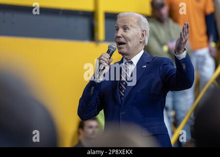 Philadelphie, États-Unis. 09th mars 2023. Le président Joe Biden annonce sa proposition de budget au Finishing Trades Institute de Philadelphie, en Pennsylvanie, jeudi, à 9 mars 2023. Photo de Laurence Kesterson/UPI crédit: UPI/Alay Live News Banque D'Images