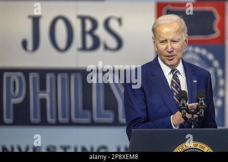 Philadelphie, États-Unis. 09th mars 2023. Le président Joe Biden annonce sa proposition de budget au Finishing Trades Institute de Philadelphie, en Pennsylvanie, jeudi, à 9 mars 2023. Photo de Laurence Kesterson/UPI crédit: UPI/Alay Live News Banque D'Images