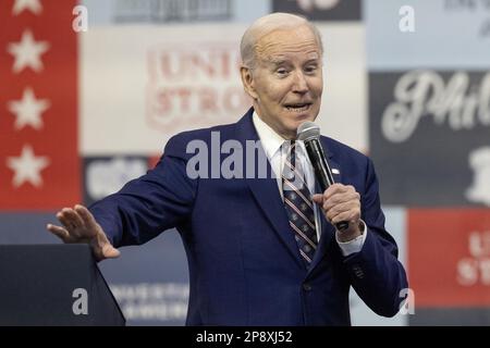 Philadelphie, États-Unis. 09th mars 2023. Le président Joe Biden annonce sa proposition de budget au Finishing Trades Institute de Philadelphie, en Pennsylvanie, jeudi 9 mars 2023. Laurence Kesterson/UPI crédit: UPI/Alay Live News Banque D'Images