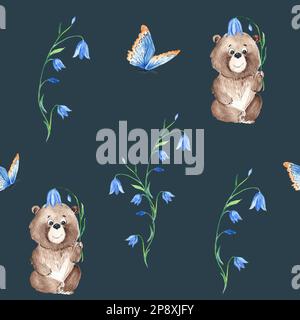Motif sans couture avec joli ours, cloches bleues et papillon. Illustration aquarelle dessinée à la main. Banque D'Images