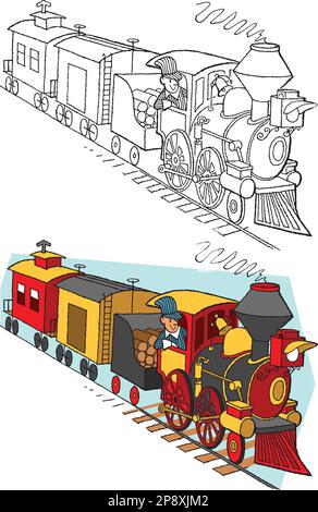 Un dessin animé rétro vintage d'un train antique de machine à vapeur. Illustration de Vecteur