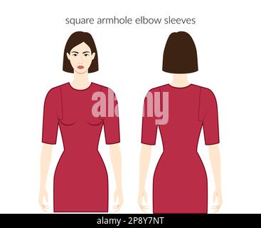 Carré emmanchure vêtements caractère belle dame en rouge haut, chemise, robe technique mode illustration avec longueur coude, ajusté. Modèle de vêtements plats à l'avant et à l'arrière. Femmes, hommes unisex CAD maquette Illustration de Vecteur
