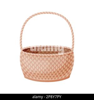 Panier en osier main décorative osier dessin animé vide. Sac pique-nique panier repas vacances extérieur Pâques attribut décoration confortable écologique alimentaire shopping stockage bois de fête bambou saule plat isolé Illustration de Vecteur