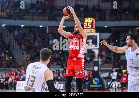 Pirée, Grèce. 09th mars 2023. 25 ALEC PETERS de l'Olympiacos Pirée au cours de l'Euroligue, Round 28, match entre l'Olympiacos Pirée et le FC Bayern Munich au Stade de la paix et de l'amitié sur 9 mars 2023, à Athènes, Grèce. Crédit : Agence photo indépendante/Alamy Live News Banque D'Images