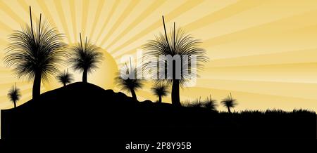 Silhouette de Grass Tree ou de Black boy Tree au coucher du soleil avec des rayons jaunes comme arrière-plan. Illustration vectorielle. Illustration de Vecteur