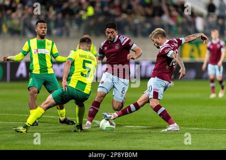 AEK Larnaca fait face à West Ham United pour un match de la Ligue de la Conférence européenne de l'UEFA Europa Round 16-1st Leg au stade Aek Arena de Larnaca-Chypre le 09 mars 2023. Banque D'Images