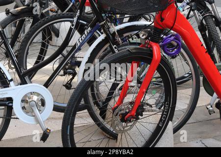 Bicyclettes garées dans un porte-vélos composé de blocs de pierre, fournis dans l'un des nombreux piazzas trouvés à Trieste, dans le nord de l'Italie, septembre 2022. Banque D'Images