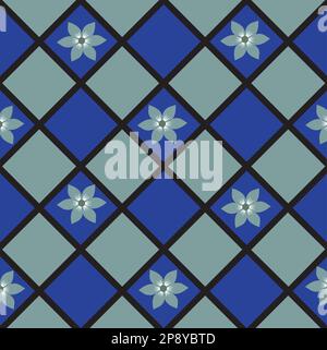 carrés en forme de losange bleu classique et bleu vif avec des lignes noires et des fleurs de marguerite Illustration de Vecteur