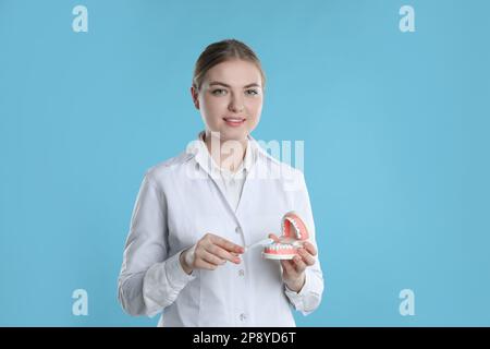 Assistant dentaire avec modèle de mâchoires et brosse à dents sur fond bleu clair. Démonstration de soins buccaux Banque D'Images