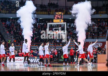 Athènes, Lombardie, Grèce. 9th mars 2023. Joueurs de l'Olympiacos Pirée lors de la présentation de l'équipe à l'Euroligue, Round 28, match entre l'Olympiacos Pirée et le FC Bayern Munich au Stade de la paix et de l'amitié sur 9 mars 2023, à Athènes, Grèce. (Credit image: © Stefanos Kyriazis/ZUMA Press Wire) USAGE ÉDITORIAL SEULEMENT! Non destiné À un usage commercial ! Banque D'Images