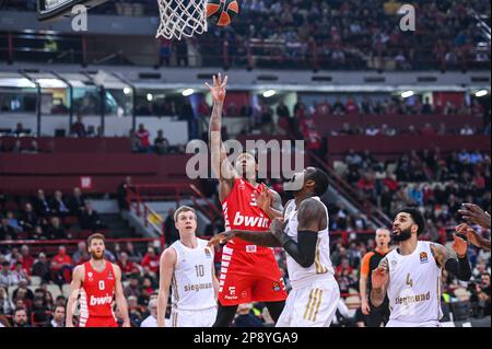 Athènes, Lombardie, Grèce. 9th mars 2023. 3 ÉSAÏE CANAAN de Olympiacos Pirée au cours de l'Euroligue, Round 28, match entre Olympiacos Pirée et le FC Bayern Munich au Stade de la paix et de l'amitié sur 9 mars 2023, à Athènes, Grèce. (Credit image: © Stefanos Kyriazis/ZUMA Press Wire) USAGE ÉDITORIAL SEULEMENT! Non destiné À un usage commercial ! Banque D'Images