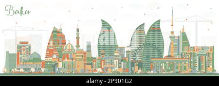 Baku Azerbaidjan City Skyline avec des bâtiments de couleur. Illustration vectorielle. Bakou Cityscape avec des monuments. Voyages d'affaires et tourisme. Illustration de Vecteur