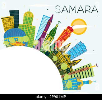 Samara Russia City Skyline avec des bâtiments couleur, ciel bleu et espace de copie. Illustration vectorielle. Voyages d'affaires et tourisme. Illustration de Vecteur