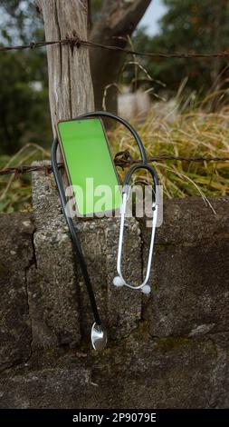 Vue horizontale du smartphone avec écran vert et stéthoscope enveloppé autour de lui: Concept de la santé numérique Banque D'Images