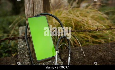Smartphone avec écran vert et stéthoscope enveloppé autour de lui: Concept de la santé numérique Banque D'Images