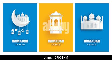 Ramadan Kareem carte de voeux lune et étoiles fond de lanternes traditionnelles. EID Mubarak papier art bannière illustration design. Illustration de Vecteur