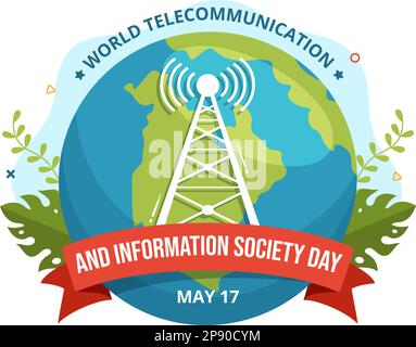 Journée mondiale des télécommunications et de la société de l'information sur l'illustration 17 mai avec le réseau de communications à travers la Terre Globe en gabarits dessinés à la main Illustration de Vecteur