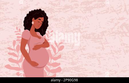 Bannière grossesse en santé. Belle femme enceinte noire épouse son ventre. Le concept de la grossesse et de la maternité. Grossesse en santé. Illustration vectorielle Illustration de Vecteur
