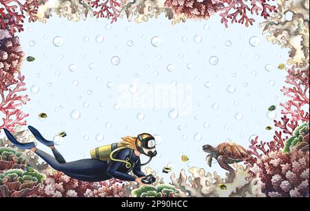 Cadre de corail avec plongeur et vie de mer sur fond de bulles d'eau. Monde sous-marin. Aquarelle dessinée à la main. Aquarium, tropical, récif. Concept pour l Banque D'Images