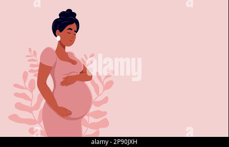 Bannière grossesse en santé. Belle femme enceinte noire épouse son ventre. Le concept de la grossesse et de la maternité. Grossesse en santé. Illustration vectorielle Illustration de Vecteur