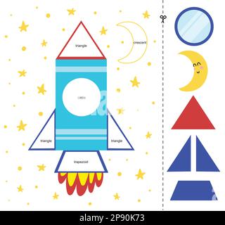 Jeu assorti pour les enfants avec une fusée et une lune. Page d'activité apprentissage des formes géométriques Illustration de Vecteur