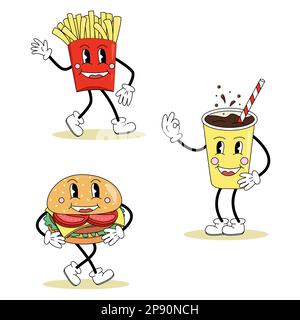 Ensemble de mignon personnage de dessin animé de style rétro, frites, cheeseburger, boisson gazeuse, avec les yeux, jambes et bras, illustration vectorielle Illustration de Vecteur