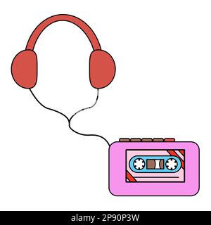 Lecteur de cassettes rétro avec casque, illustration vectorielle plate de style doodle Illustration de Vecteur