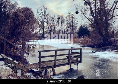 Une passerelle en bois avec une main courante au-dessus d'un lac gelé en hiver Banque D'Images