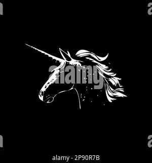 Tatouage au travail de la licorne avec ombrage de points, illusion de profondeur, tatouage de basculement. Emblème blanc à dessin à la main sur fond noir pour l'art du corps, minimaliste Illustration de Vecteur