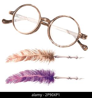 Des lunettes vintage et de belles plumes sur fond blanc. Illustration aquarelle. Ensemble pour la décoration de cartes postales, cartes de visite, lettres. Banque D'Images