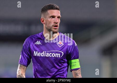 Florence, Italie. 09th mars 2023. Cristiano Biraghi (ACF Fiorentina) pendant la Fiorentina FC contre Sivaspor, match de football de la Ligue des conférences de l'UEFA à Florence, Italie, 09 mars 2023 Credit: Independent photo Agency/Alay Live News Banque D'Images