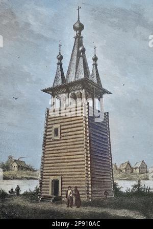 Der hölzerne Glockenturm auf dem Rakulski Friedhof in Russland, Distrikt Archange, Historisch, digital restaurierte Reproduktion von einer Vorlage aus dem 19. Jahrhundert Banque D'Images