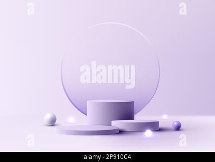 3D réaliste studio vide groupe de cylindre violet podium stand transparent verre cercle décor avec sphère boules de lumière sur minimal Illustration de Vecteur