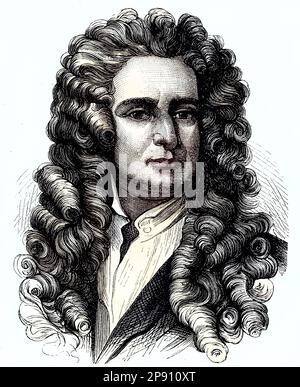 Sir Isaac Newton, 1642 - 1726, war in englischer Mathematiker, Astronom, Physiker und Naturphilosophoph, der weithin als einer der einflussreichsten Wissenschaftler aller Zeiten und als Schlüsselfigur der wissenschaftlichen Revolution gilt, Historisch, digital restaurierte Reproduktion von Voreiner 19. Jahrhundert Banque D'Images