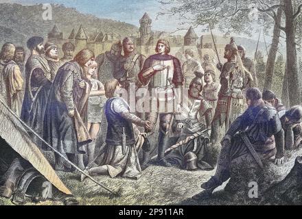 Rodolphe von Habsburg empfängt die Nachricht von seiner Wahl zum deutschen König. Rudolf I., Auch Rudolf von Habsburg, Rudolf von Habsburg, 1218 - 1291, war ab etwa 1240 Graf von Habsburg und von 1273 bis zu seinem Tod gewählter König der Römer, Historisch, restaurant numérique Reproduktion von einer Vorlage aus dem 19. Jahrhundert Banque D'Images