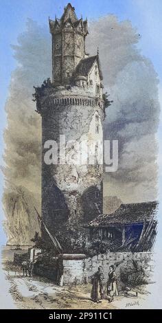 Der Runder Turm von Andernach in Deutschland ist ein großer Wehrturm, der Bergfried der Stadt und der Schauinsland aus dem 15. Betrieb einer Wachturm der Stadtbefestigung an der Nordwestecke der mittelalterlichen Stadtmauer, Historisch, digital restaurierte Reproduktion von einer Vorlage aus dem 19. Jahrhundert Banque D'Images