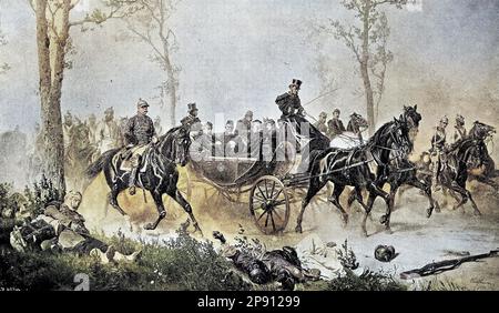 Kaiser Napoleon wurde am Morgen nach der Schlacht von Sedan von Graf Bismarck zu Wilhelm König geführt, situation aus der Zeit des Deutsch-Französischen Krieges oder Deutsch-Französischen Krieges, 1870-1871, Historisch, restaurant numérique Reproduktion von einer Vorner aus dem 19. Jahrhundert Banque D'Images