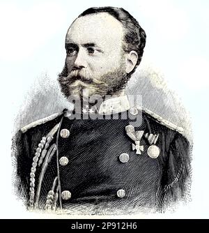 Militärpersonen im Deutsch-Französischen Krieg 1870 - 1871, Graf Ferdinand von Zeppelin, Ferdinand Adolf Heinrich August Graf von Zeppelin, 8. Juillet 1838 - 8. März 1917, war ein deutscher General und späterer Flugzeugbauer, der die Zeppelin-Luftschiffgesellschaft gründete, Historisch, digital restaurierte Reproduktion von einer Vorlage aus dem 19. Jahrhundert Banque D'Images