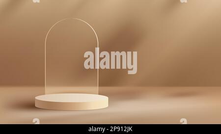 3D support de plate-forme marron réaliste avec fond en verre transparent et ombre à la feuille scène murale minimale sur fond beige. Maquette d'affichage du produit Illustration de Vecteur