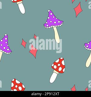 Motif sans couture avec champignons magiques, illustration vectorielle plate de style doodle Illustration de Vecteur