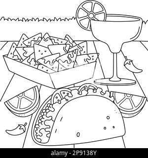 Page de coloriage Cinco de Mayo Taco Nachos Margarita Illustration de Vecteur