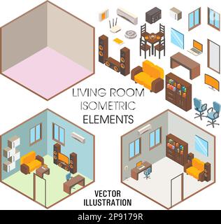 Construction d'intérieur de salon, illustration isométrique à plan vectoriel Illustration de Vecteur