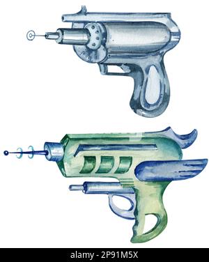 aquarelle dessin à la main illustration, armes fantastiques, pistolets spatiaux, blasters. Image pour enfants, garçons Banque D'Images