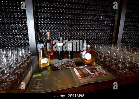 Vins et verres dans le cadre d'une dégustation lors d'une visite des vins magasin de vin à la bodegas rubicon dans la région viticole de la Geria Lanzarote, îles Canaries, S. Banque D'Images