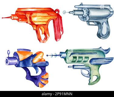 aquarelle dessin à la main illustration, armes fantastiques, pistolets spatiaux, blasters. Image pour enfants, garçons Banque D'Images