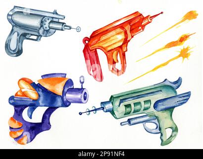 jeu d'aquarelles armes fantastiques et feu, pistolets spatiaux, blasters. Illustration pour enfants, garçons, dessin à la main Banque D'Images