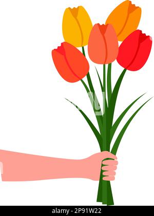 Illustration de style plat avec bouquet de fleurs de tulipe en main pour carte de vœux de vacances sur fond transparent Illustration de Vecteur